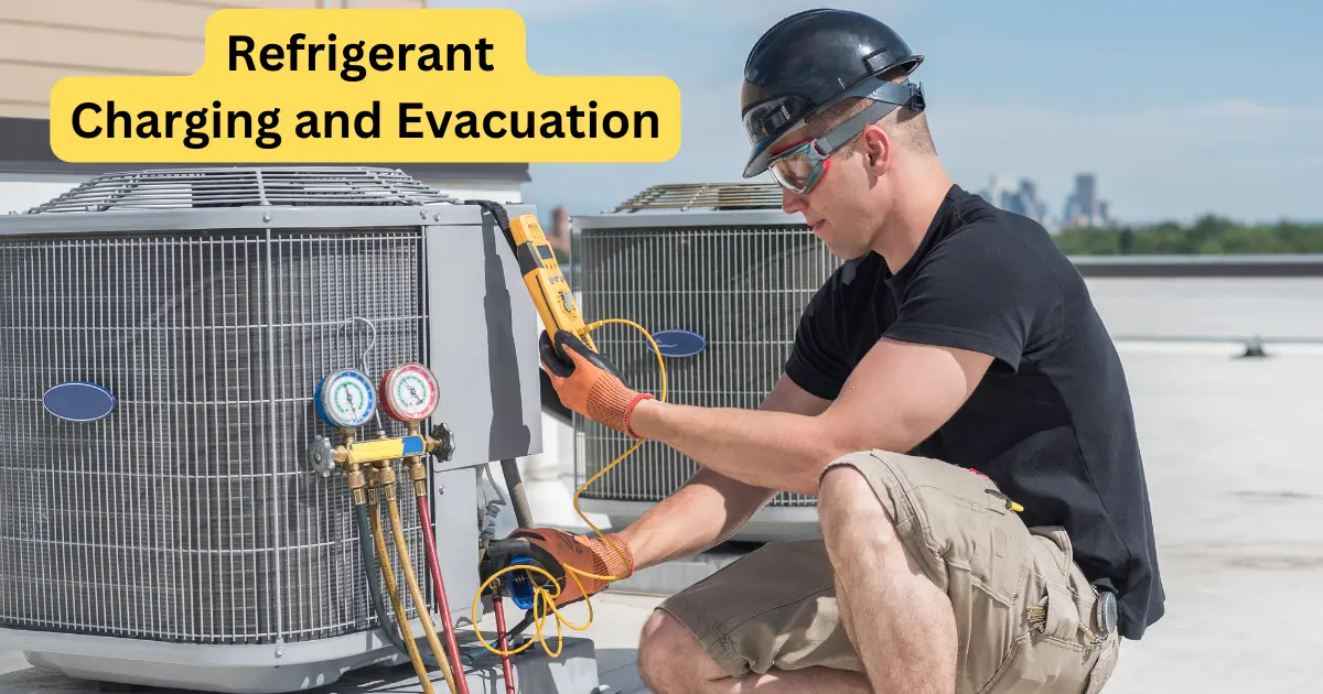A technician performing refrigerant charging and evacuation procedures on a refrigeration (HVAC) system.